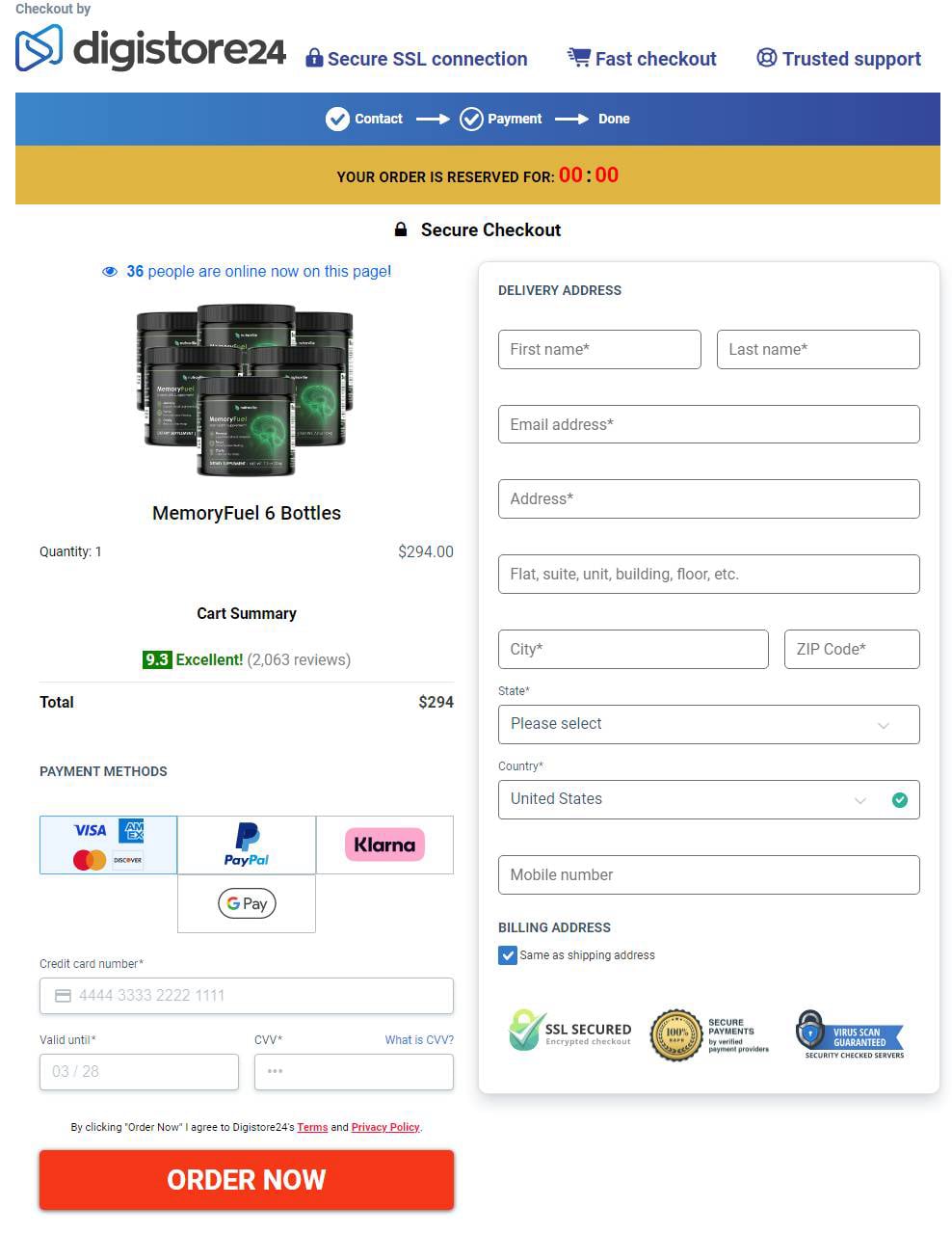 MemoryFuel checkout page order